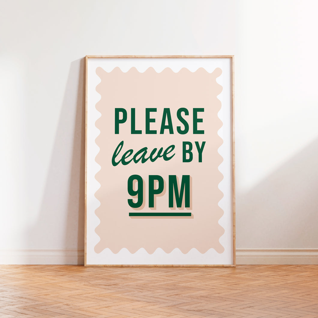 Please Leave By 9 Print in Beige and Green