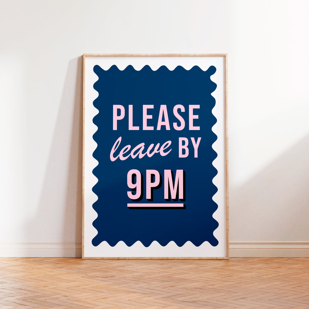 Please Leave By 9 Print in Navy and Pink