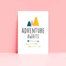 Load image into Gallery viewer, Adventure Awaits Typography Mountains Arrows Wall Art Print
