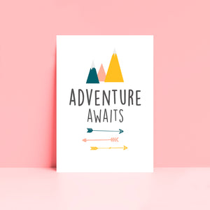 Adventure Awaits Typography Mountains Arrows Wall Art Print