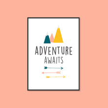 Load image into Gallery viewer, Adventure Awaits Typography Mountains Arrows Wall Art Print
