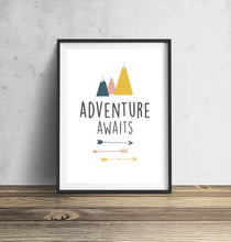 Load image into Gallery viewer, Adventure Awaits Typography Mountains Arrows Wall Art Print
